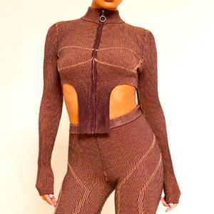 Chocolate Two Tone Knit Contour Zip Front top (TOP ONLY) worn